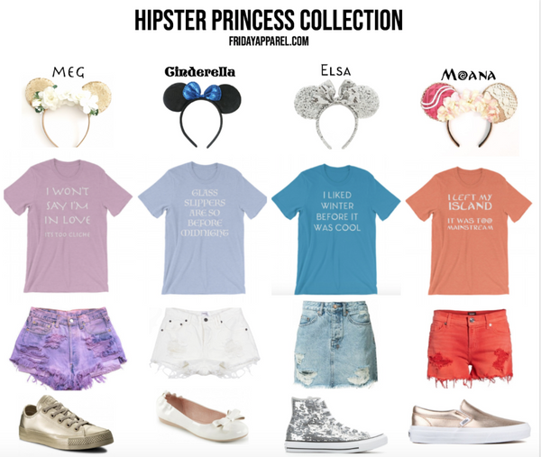Disney princess inspired graphic t-shirt collection with trendy hipster aesthetic designs mickey ears