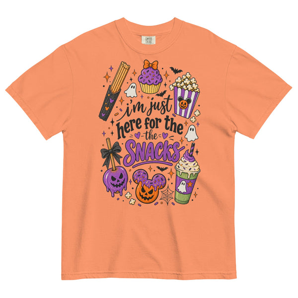 I’m Just Here for the Snacks Halloween Comfort Colors shirt featuring spooky theme park treats, a vintage-inspired Disney Halloween tee for park days and snack lovers.