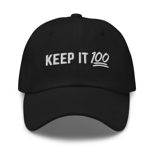 Minimalist embroidered Keep It 100 dad hat in camouflage, black, and white color options