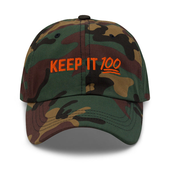 Minimalist embroidered Keep It 100 dad hat in camouflage, black, and white color options