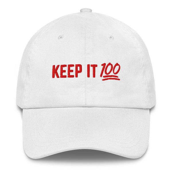 Minimalist embroidered Keep It 100 dad hat in camouflage, black, and white color options