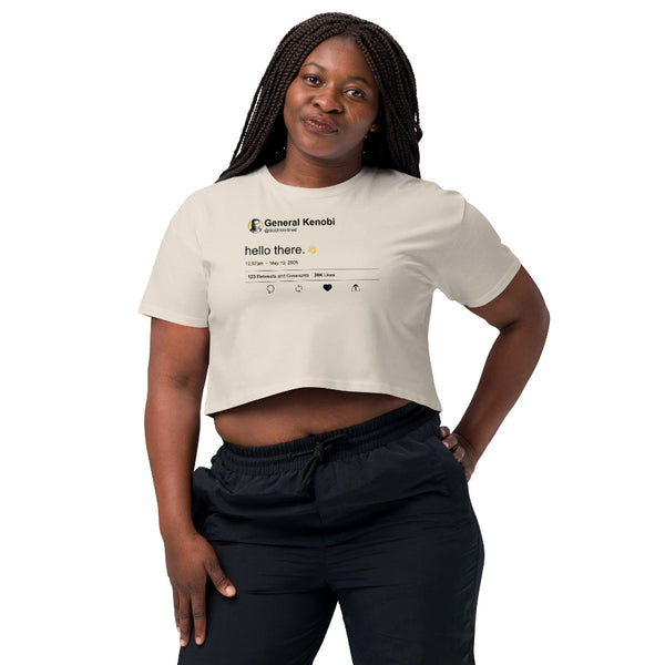 Hello There women's cropped t-shirt inspired by Obi-Wan Kenobi with social media style design, perfect for Galaxy's Edge and Disney park outfits
