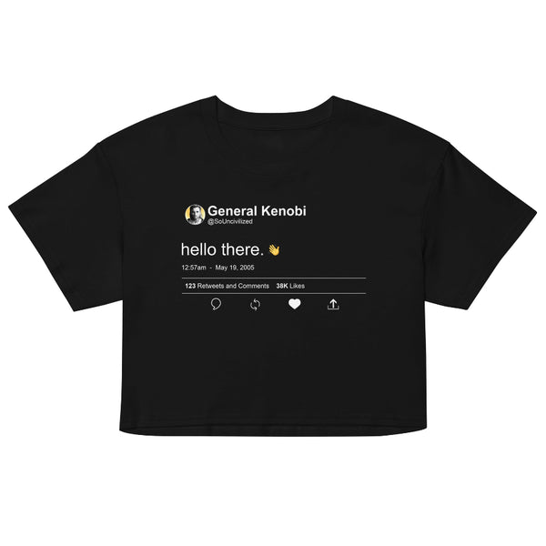 Hello There women's cropped t-shirt inspired by Obi-Wan Kenobi with social media style design, perfect for Galaxy's Edge and Disney park outfits