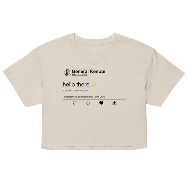Hello There women's cropped t-shirt inspired by Obi-Wan Kenobi with social media style design, perfect for Galaxy's Edge and Disney park outfits