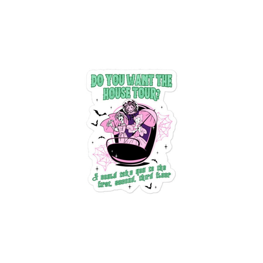 Haunted Mansion x Sabrina Carpenter House Tour mashup sticker featuring ghostly bride design, 3 inch durable vinyl for laptops, notebooks, or water bottles. halloween party gift music lyrics disney parks grim grinning ghosts