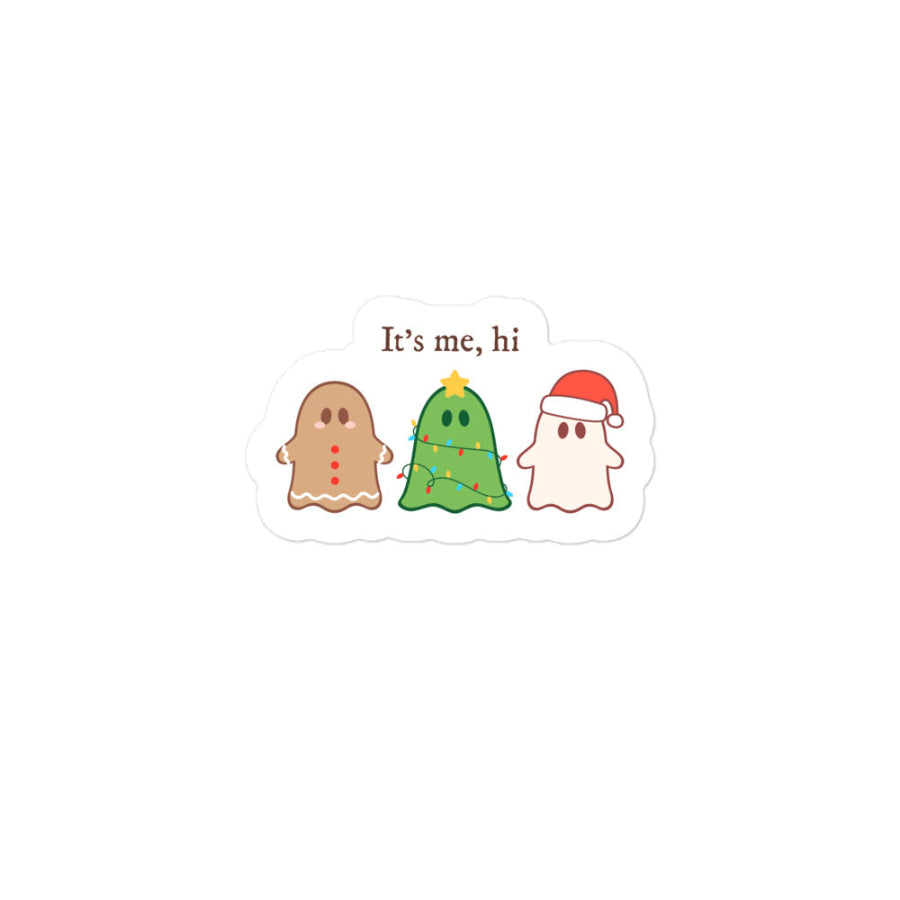 “It’s Me, Hi” Christmas ghosts sticker featuring a gingerbread ghost, Christmas-tree ghost with lights, and Santa-hat ghost in a cute festive style. Taylor Swift gift holiday swiftie midnights