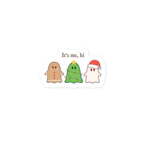 “It’s Me, Hi” Christmas ghosts sticker featuring a gingerbread ghost, Christmas-tree ghost with lights, and Santa-hat ghost in a cute festive style. Taylor Swift gift holiday swiftie midnights