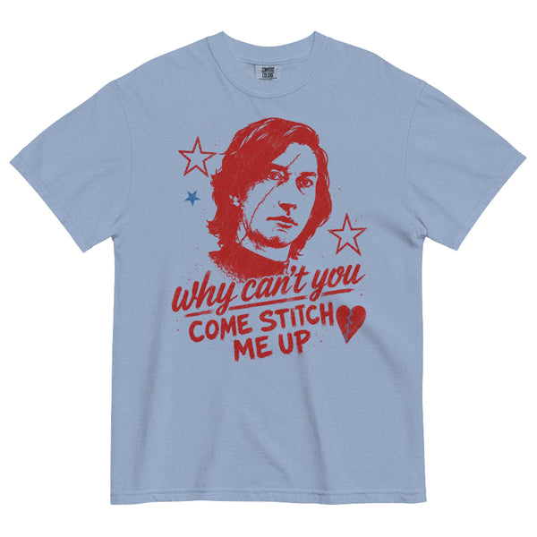 Comfort Colors garment-dyed t-shirt featuring distressed Ben Solo-inspired artwork with "Why Can't You Come Stitch Me Up" typography inspired by Olivia Rodrigo's The Cure. Vintage Star Wars fandom shirt.