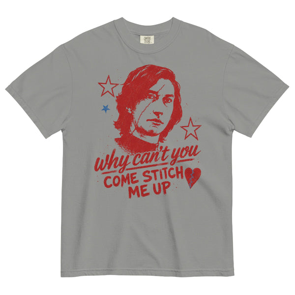 Comfort Colors garment-dyed t-shirt featuring distressed Ben Solo-inspired artwork with "Why Can't You Come Stitch Me Up" typography inspired by Olivia Rodrigo's The Cure. Vintage Star Wars fandom shirt.