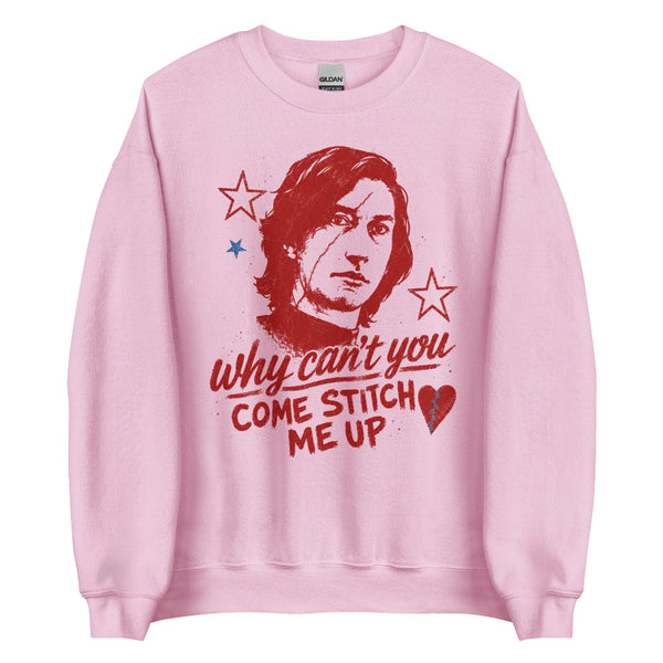 Pink unisex sweatshirt featuring a distressed portrait inspired by Ben Solo with red typography reading "Why Can't You Come Stitch Me Up," inspired by Olivia Rodrigo's The Cure. Vintage-style Star Wars fandom sweatshirt.