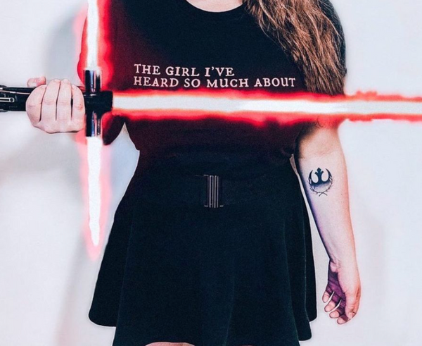 Kylo Ren Rey Quote the girl i've heard so much about Star Wars The Force Awakens sequels trilogy reylo top shirt graphic tee unisex cotton women costume cosplay lightsaber jedi villain darkside helmet darth vader convention lightsaber rebel alliance tattoo
