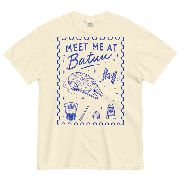 Comfort Colors Galaxy's Edge shirt featuring the phrase "Meet Me at Batuu" for Disney park outfits and Star Wars inspired fashion.
