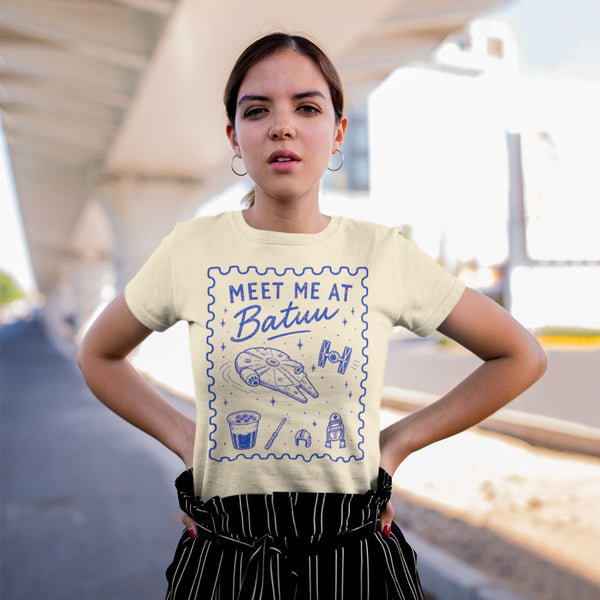 Comfort Colors Galaxy's Edge shirt featuring the phrase "Meet Me at Batuu" for Disney park outfits and Star Wars inspired fashion.