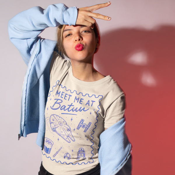 Comfort Colors Galaxy's Edge shirt featuring the phrase "Meet Me at Batuu" for Disney park outfits and Star Wars inspired fashion.