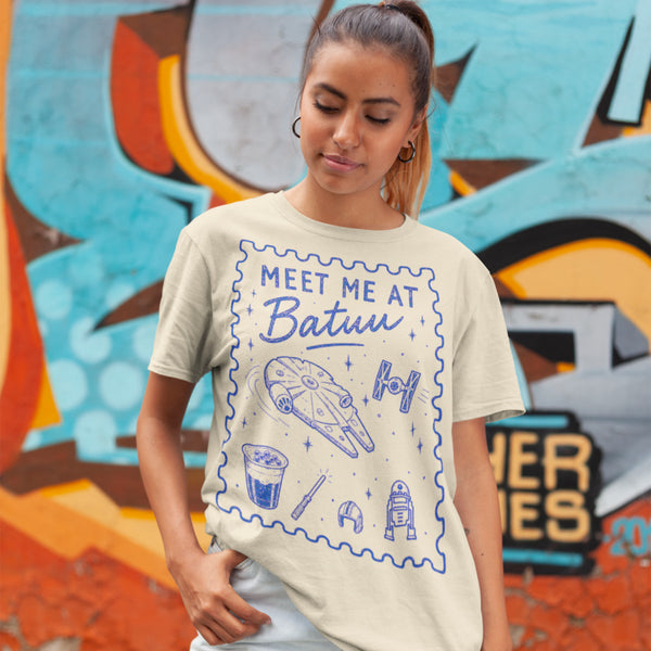 Comfort Colors Galaxy's Edge shirt featuring the phrase "Meet Me at Batuu" for Disney park outfits and Star Wars inspired fashion.