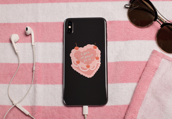 Star Wars Acolyte Sticker Qimir Osha quote if you're not gonna join me on pink feminie girly cake with red cherries and frosting design on a pink and white beach towel with earbuds airpods and sunglasses