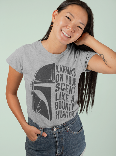 Karmas on your scent like a bounty hunter shirt disney swiftie star wars taylor swift eras tour midnights the mandalorian baby yoda grogu t-shirt graphic tee outfit disneyland disney world hollywood studios galaxy's edge batuu