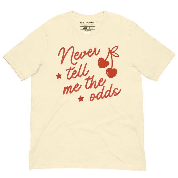 Beige unisex t-shirt with red “Never Tell Me the Odds” text and cherry graphic inspired by Star Wars