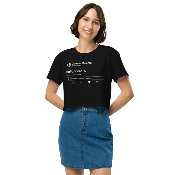 Hello There women's cropped t-shirt inspired by Obi-Wan Kenobi with social media style design, perfect for Galaxy's Edge and Disney park outfits