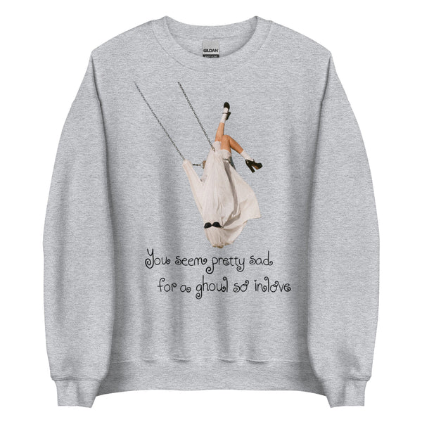 Ghoul So In Love Halloween sweatshirt featuring a spooky pop music inspired graphic, a cozy Halloween crewneck for Olivia Rodrigo fans and fall outfits.