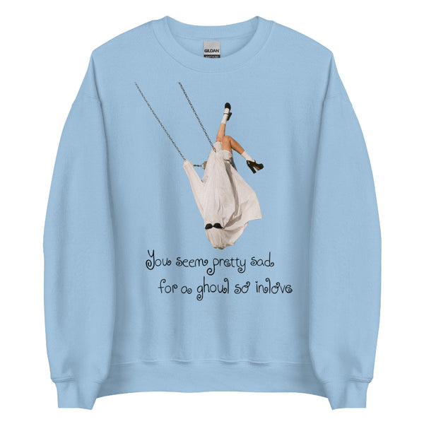 Ghoul So In Love Halloween sweatshirt featuring a spooky pop music inspired graphic, a cozy Halloween crewneck for Olivia Rodrigo fans and fall outfits.