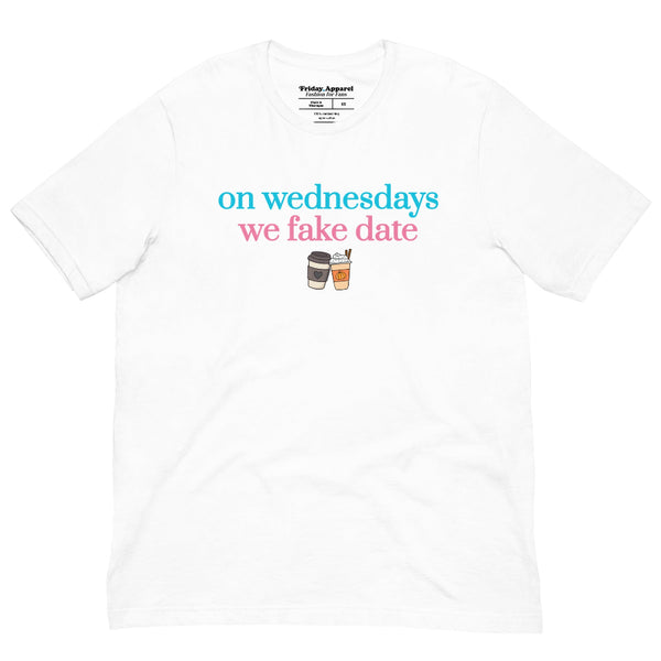 On Wednesdays We Fake Date romance reader shirt with teal and pink retro lettering and illustrations of a hot black coffee and pumpkin spice latte.