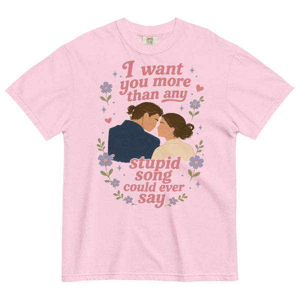 Comfort Colors garment-dyed t-shirt featuring Anakin and Padmé with floral artwork and lyrics inspired by Olivia Rodrigo's stupid song. Vintage Star Wars-inspired fandom shirt.