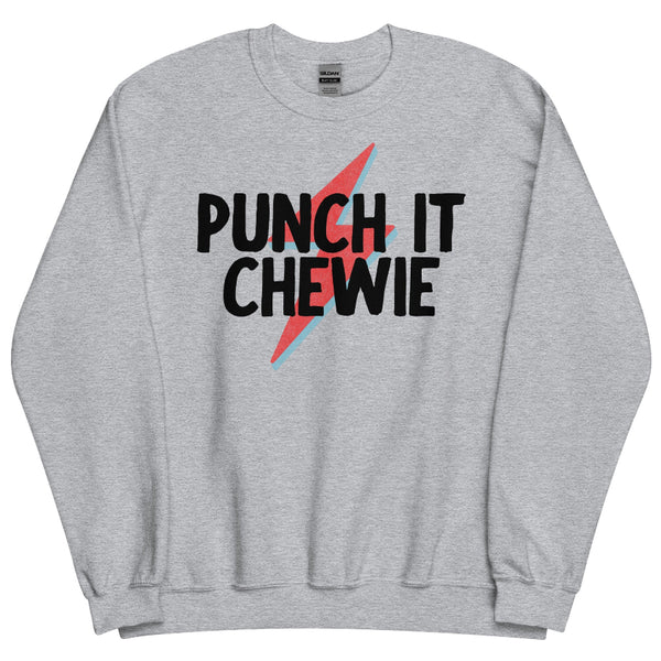 Grey unisex sweatshirt with “Punch It Chewie” text and lightning bolt graphic inspired by Star Wars