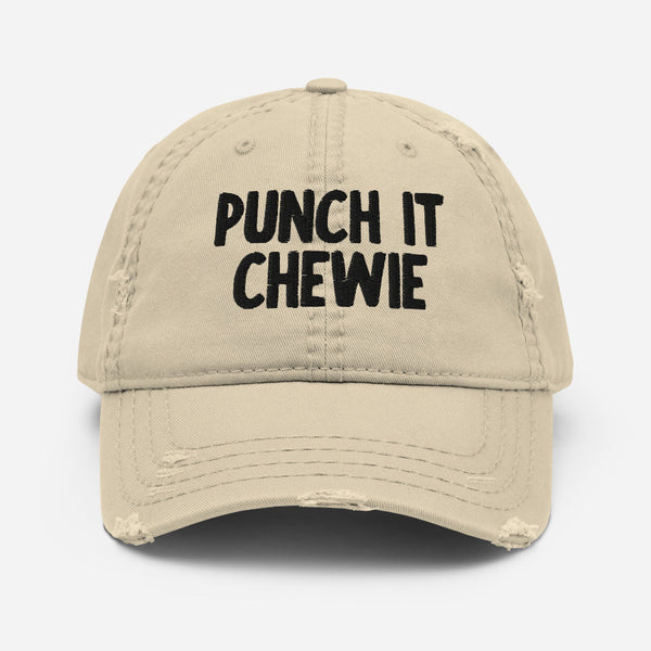 Distressed tan dad hat with embroidered “Punch It Chewie” text inspired by Star Wars