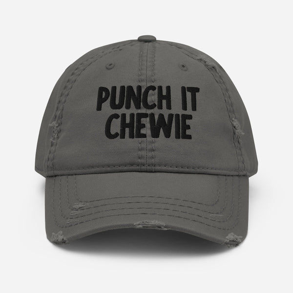 Distressed dark grey dad hat with embroidered “Punch It Chewie” text inspired by Star Wars