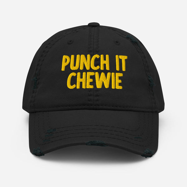 Distressed black dad hat with embroidered “Punch It Chewie” text inspired by Star Wars