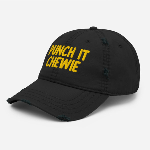 Distressed black dad hat with embroidered “Punch It Chewie” text inspired by Star Wars
