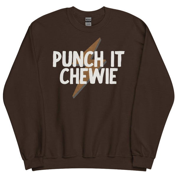 Brown unisex sweatshirt with “Punch It Chewie” text and lightning bolt graphic inspired by Star Wars