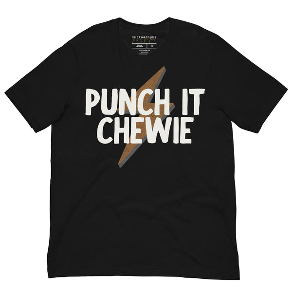 Black unisex t-shirt with “Punch It Chewie” text and lightning bolt graphic inspired by Star Wars