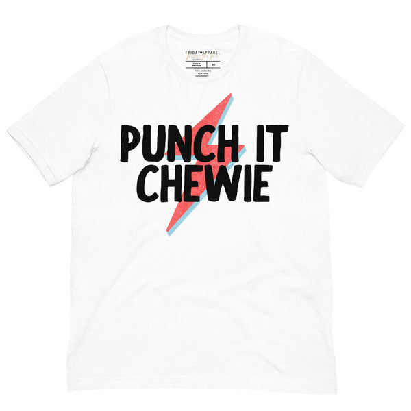 White unisex t-shirt with “Punch It Chewie” text and lightning bolt graphic inspired by Star Wars