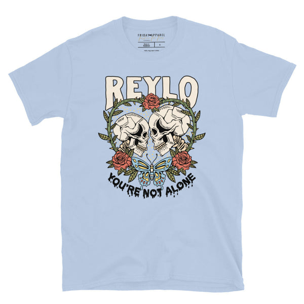 Black t-shirt with skull design and text on a white background Reylo Halloween shirt graphic tee kylo ren rey skulls skeletons you're not alone neither are you star wars ice blue