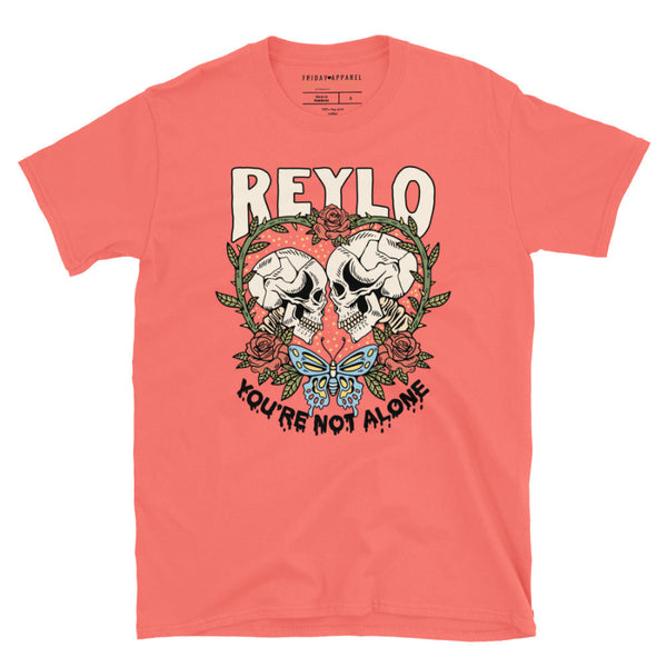 Black t-shirt with skull design and text on a white background Reylo Halloween shirt graphic tee kylo ren rey skulls skeletons you're not alone neither are you star wars