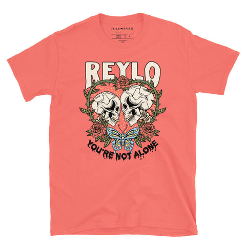Black t-shirt with skull design and text on a white background Reylo Halloween shirt graphic tee kylo ren rey skulls skeletons you're not alone neither are you star wars