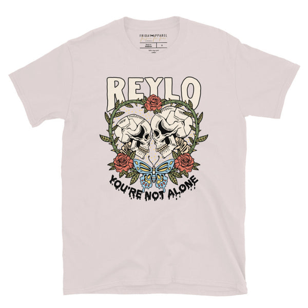 Black t-shirt with skull design and text on a white background Reylo Halloween shirt graphic tee kylo ren rey skulls skeletons you're not alone neither are you star wars