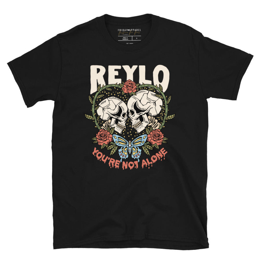 Black t-shirt with skull design and text on a white background Reylo Halloween shirt graphic tee kylo ren rey skulls skeletons you're not alone neither are you star wars