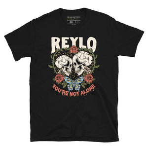 Black t-shirt with skull design and text on a white background Reylo Halloween shirt graphic tee kylo ren rey skulls skeletons you're not alone neither are you star wars