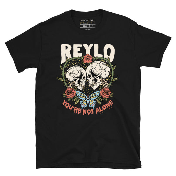 Black t-shirt with skull design and text on a white background Reylo Halloween shirt graphic tee kylo ren rey skulls skeletons you're not alone neither are you star wars