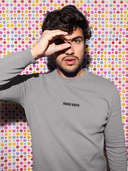 Minimalist embroidered Roger Roger sweatshirt inspired by Star Wars battle droids