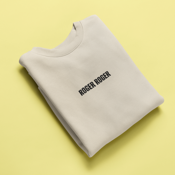 Minimalist embroidered Roger Roger sweatshirt inspired by Star Wars battle droids