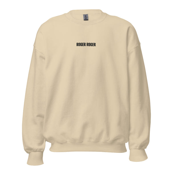 Minimalist tiny embroidered Roger Roger sweatshirt inspired by Star Wars battle droids
