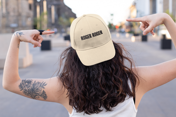 Garment-washed embroidered Roger Roger baseball hat inspired by Star Wars battle droids