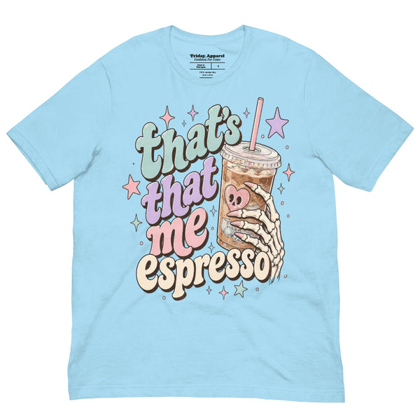 Espresso Skeleton Halloween shirt featuring a spooky skeleton and coffee inspired design, a Sabrina Carpenter Espresso mashup tee for pop music fans and Halloween outfits.