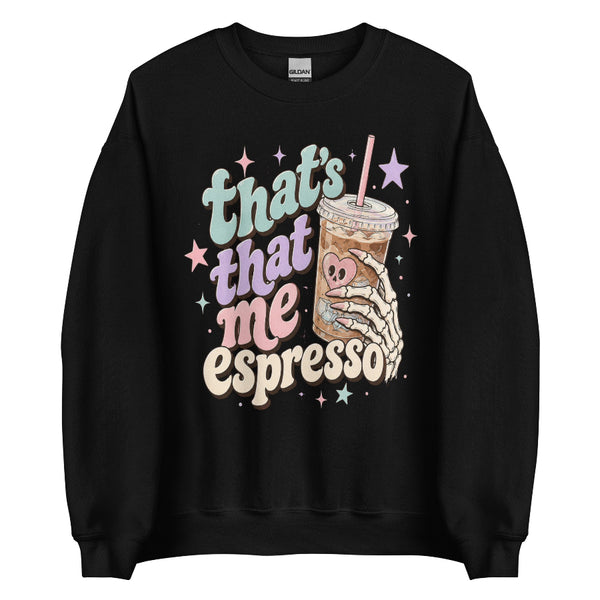 Espresso Skeleton Halloween sweatshirt featuring a spooky skeleton and coffee inspired design, a Sabrina Carpenter Espresso mashup crewneck for pop music fans, coffee lovers and Halloween outfits.