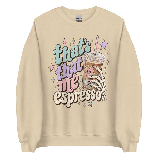 Espresso Skeleton Halloween sweatshirt featuring a spooky skeleton and coffee inspired design, a Sabrina Carpenter Espresso mashup crewneck for pop music fans, coffee lovers and Halloween outfits.