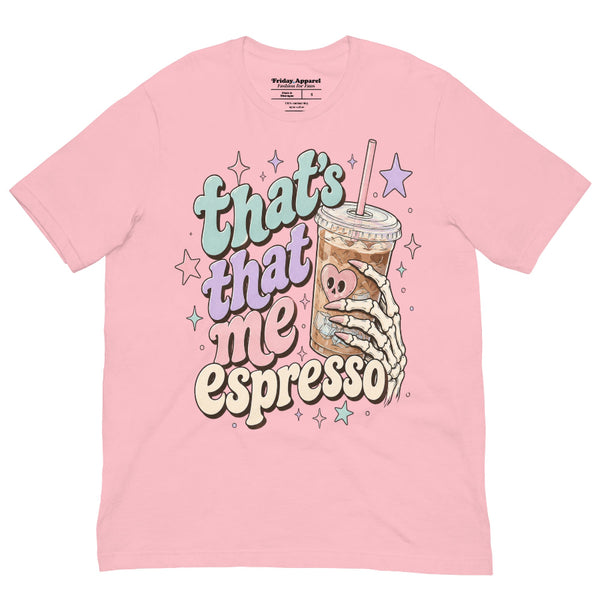 Espresso Skeleton Halloween shirt featuring a spooky skeleton and coffee inspired design, a Sabrina Carpenter Espresso mashup tee for pop music fans and Halloween outfits.